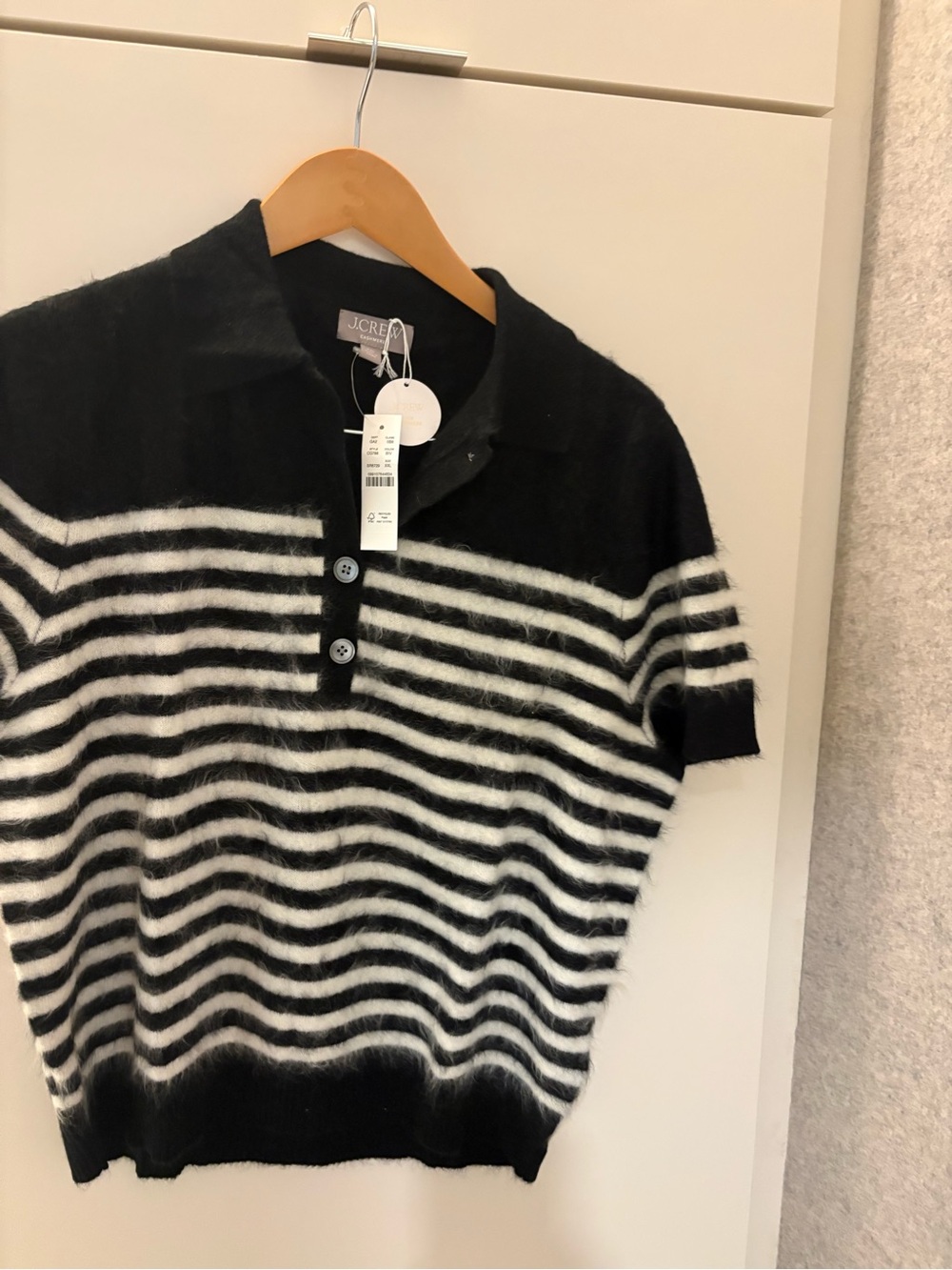 J. Crew Cashmere Short-Sleeve Sweater Polo in Stripe. Black and white. Size XXL.